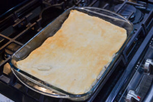Golden brown sausage crescent casserole fresh out of the oven